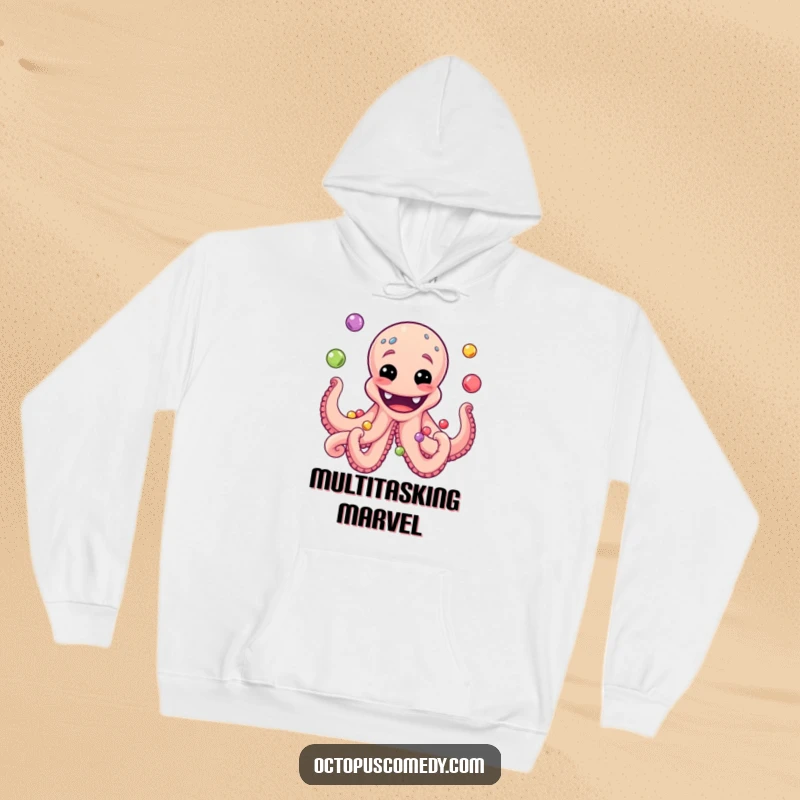 Funny hoodie featuring a grinning octopus showcasing its impressive skill by juggling multiple colorful pearls.