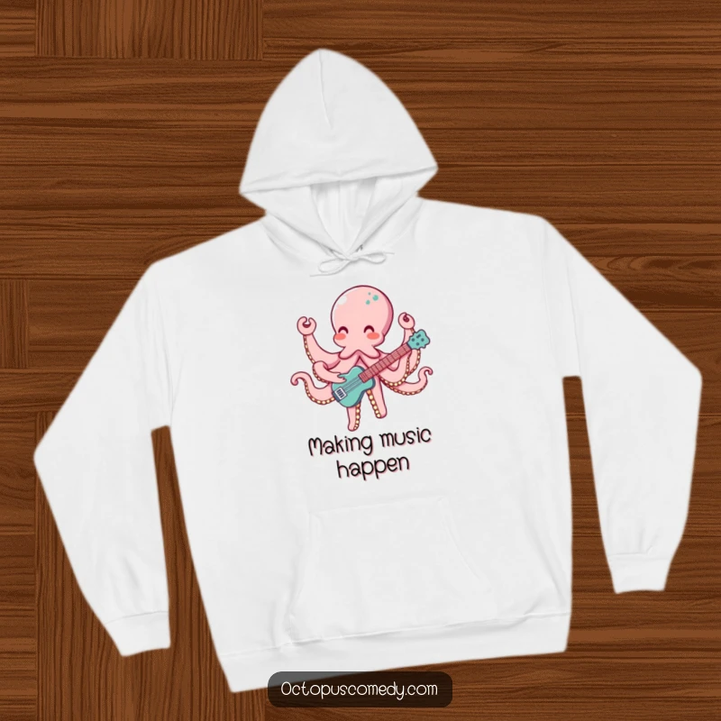 Funny hoodie featuring an octopus with eight arms playing a musical instrument with cheerful energy and a passion for music.