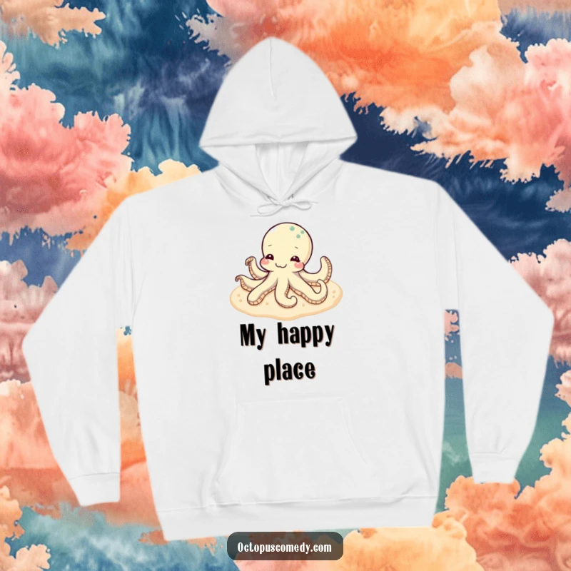Funny content octopus finding peace on a soft, sandy seabed, featured on a warm and comfortable hoodie.