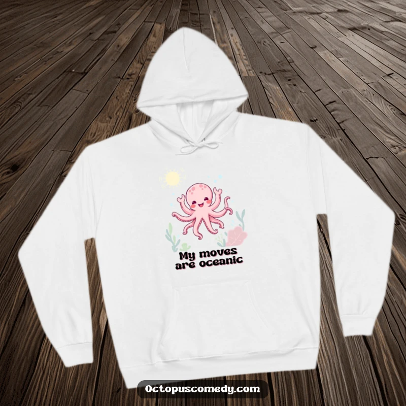 Funny kawaii octopus doing a joyful underwater dance on a cozy hoodie, warm and celebratory gift.