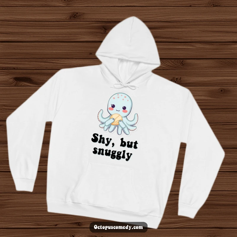 Funny kawaii octopus design featuring a shy blush and seashell, perfect for a cozy and cute hoodie.
