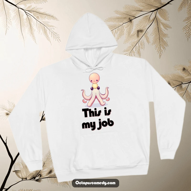 Funny octopus balancing a delicate stack of tiny, glowing orbs on a hoodie, perfect for cozy enchantment and humor.