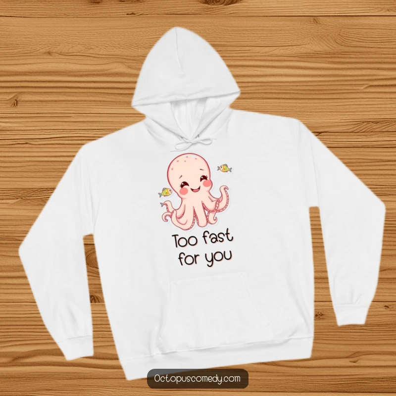 Funny and joyful octopus design, playfully chasing fish, on a warm and cozy hoodie for ultimate comfort.