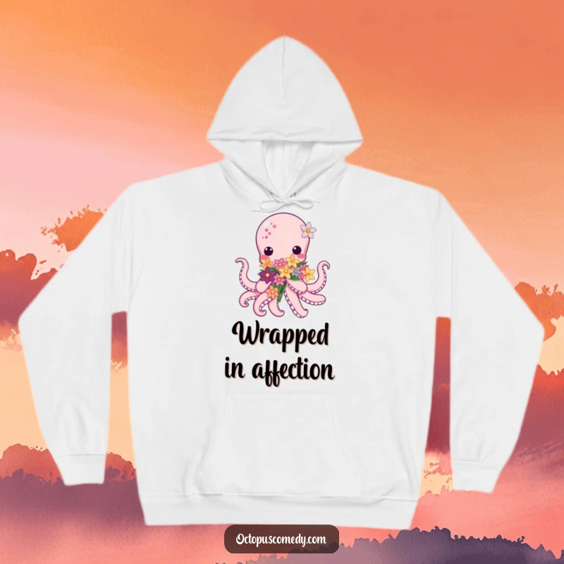 Kawaii Octopus Hoodie, showcasing an incredibly cute octopus offering a bouquet of sea flowers, perfect for cozy, sweet comfort.
