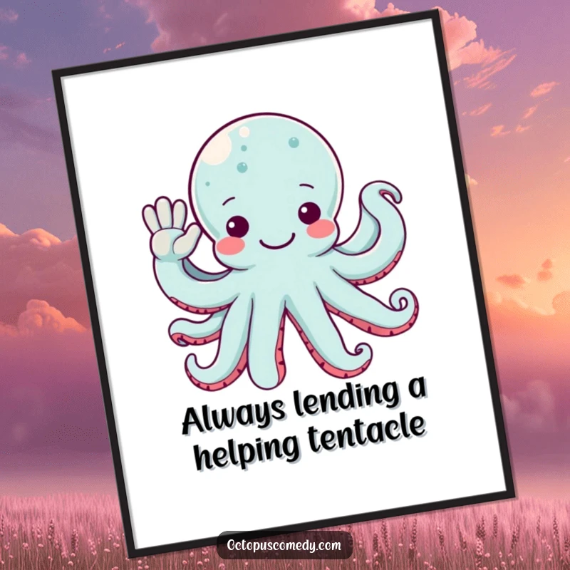 Funny Free Printable Wall Art: Octopus giving a friendly wave with multiple arms, a cheerful greeting for any wall.