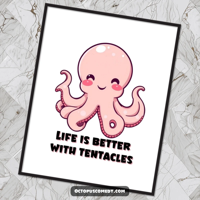 Funny Free Printable Wall Art: A charming octopus with a gentle curve, radiating pure amusement and playful vibes.