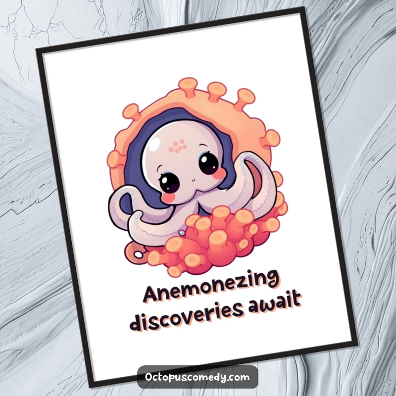 Funny Free Printable Wall Art: An inquisitive octopus with big eyes peeks from behind a lush, colorful, and vibrant sea anemone.