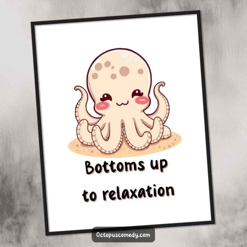 Funny Free Printable Wall Art: A contented octopus with a satisfied pulse resting peacefully on a sandy ocean floor.