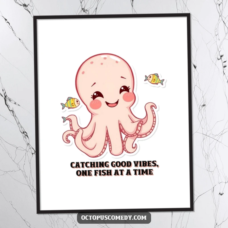 Funny Free Printable Wall Art: Joyful octopus playfully chasing tiny fish, capturing an energetic and happy moment.