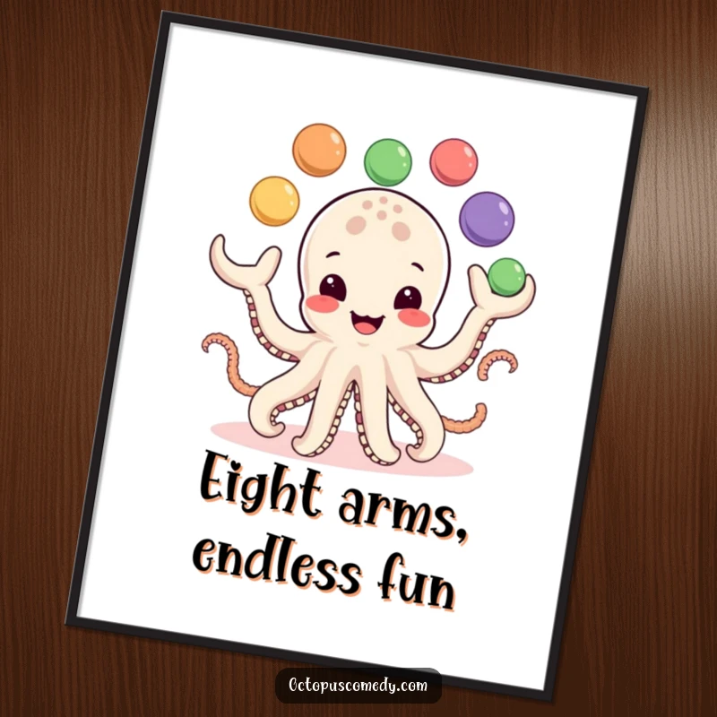 Free Printable Wall Art of a cute, smiling octopus with a big grin, energetically juggling eight vibrant, multi-colored balls.
