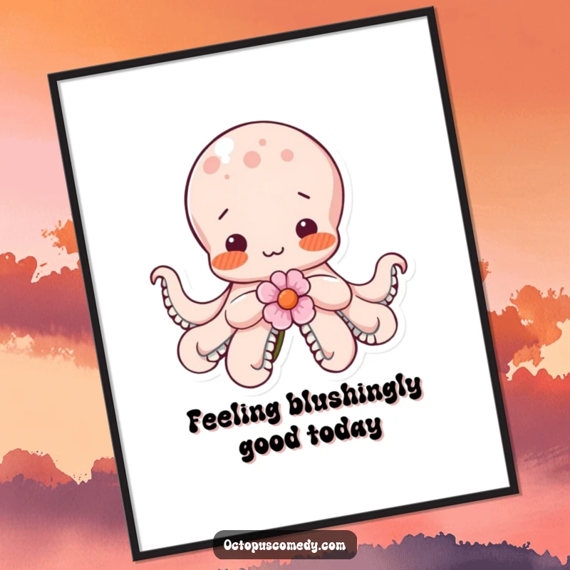 Funny Free Printable Wall Art: A shy octopus with rosy cheeks holds a flower, showcasing sweet, blushing charm for your decor.