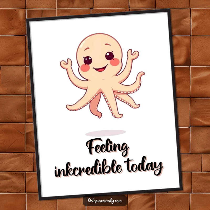 Free Printable Wall Art of a joyful kawaii octopus captured mid-jump with a massive, silly grin, radiating pure happiness.