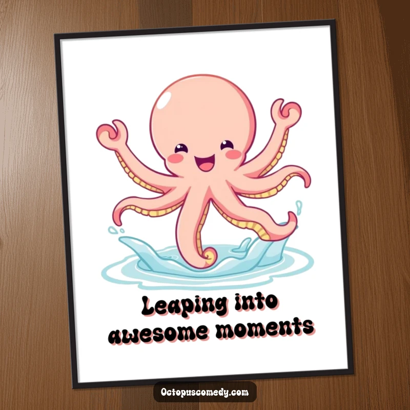 Funny Free Printable Wall Art: An ecstatic octopus leaps triumphantly out of the water, embodying pure, bouncy glee for your decor.