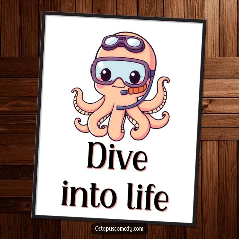 Funny Free Printable Wall Art: A kawaii octopus wearing a snorkel looks ready for an exciting underwater exploration.