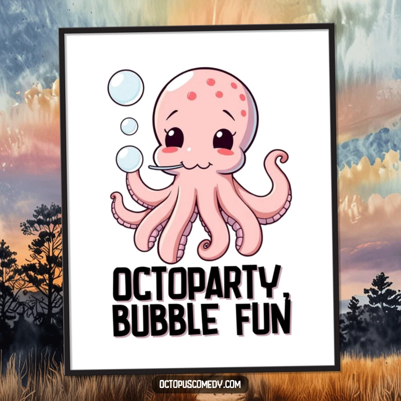 Funny Free Printable Wall Art: A hilarious octopus artistically blowing a cascade of shiny, floating bubbles.