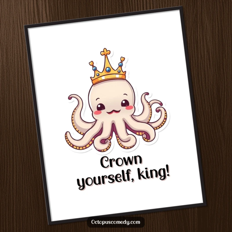 Funny Free Printable Wall Art: A comical octopus wears a tiny golden crown, looking amusingly regal and dignified.
