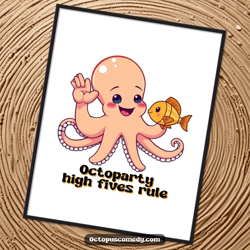 Funny Free Printable Wall Art: An ecstatic octopus with a wide grin reaches out to give a high-five to a passing fish.