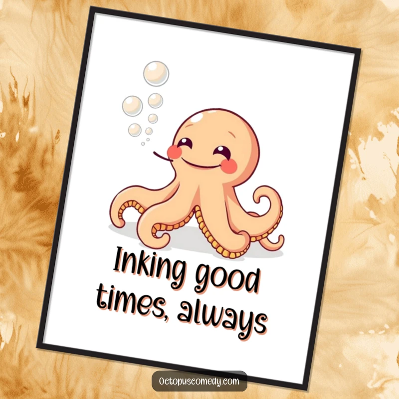 Funny Free Printable Wall Art: A grinning octopus joyfully blowing a trail of mesmerizing ink bubbles.