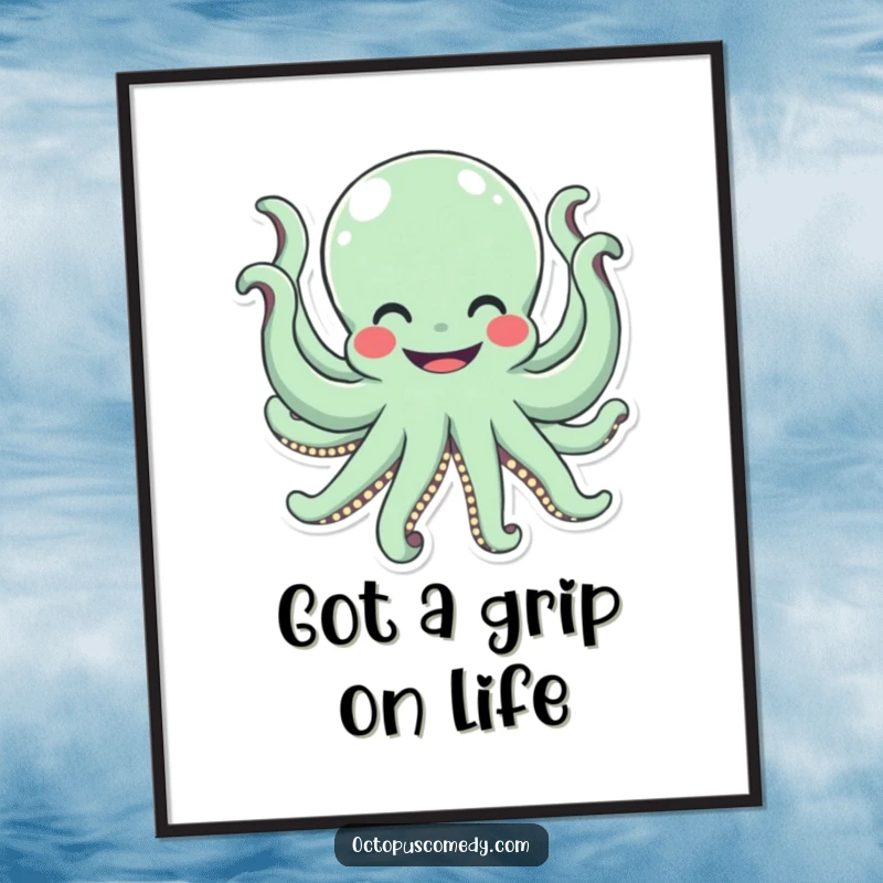 Funny Free Printable Wall Art: A very happy octopus with a wide smile enthusiastically waves all eight of its arms, downloadable decor.