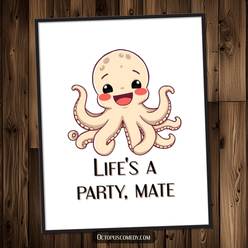 Funny free printable wall art, a jubilant octopus with a wide, happy smile, energetically using its tentacles in a playful display.