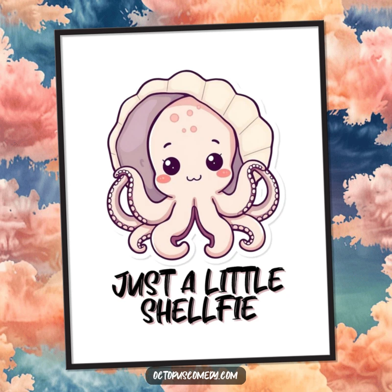 Free Printable Wall Art depicting a cute kawaii octopus playfully peeking from behind a large, detailed seashell. Ocean vibes!