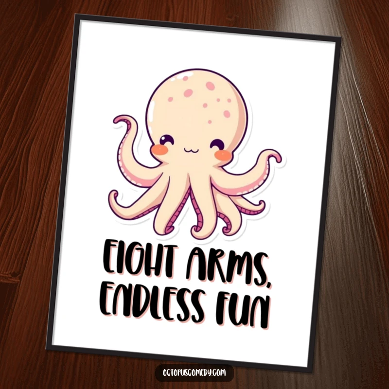Cute Free Printable Wall Art of a kawaii octopus with multiple tentacles playfully waving, bringing cheerful vibes.