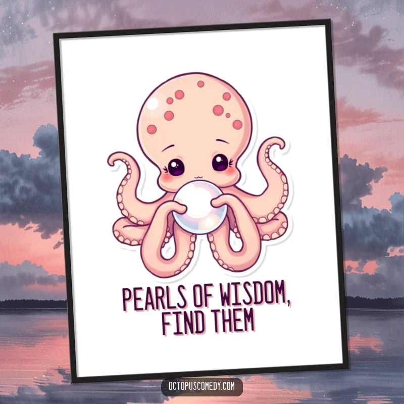 Free Printable Wall Art depicting a gentle octopus carefully holding a single, glowing pearl with its intricately arranged tentacles.