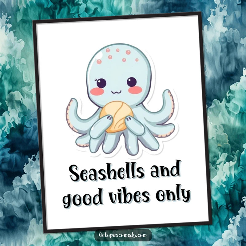 Funny Free Printable Wall Art: Shy kawaii octopus with a blush holding a seashell, adding cute humor to any space.