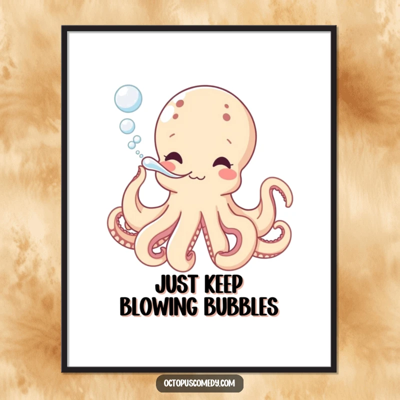 Funny Free Printable Wall Art: Octopus joyfully blowing bubbles from its siphon, playful downloadable ocean decor.