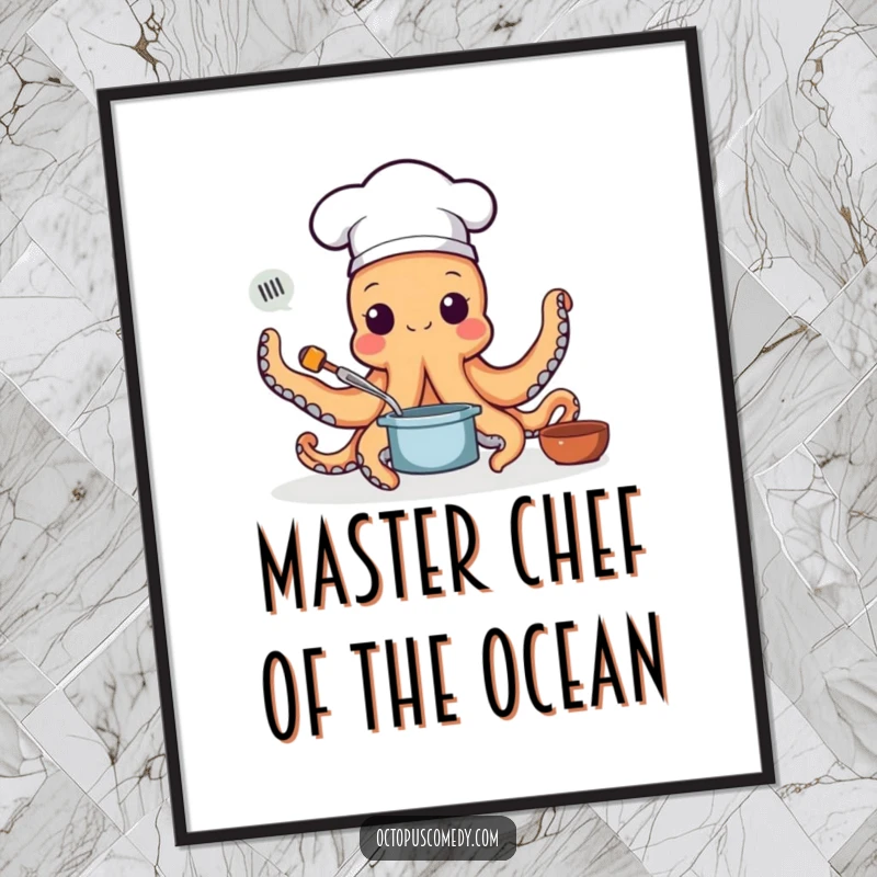 Funny Free Printable Wall Art: Octopus in a tiny chef hat skillfully cooking with all its arms, downloadable kitchen decor.