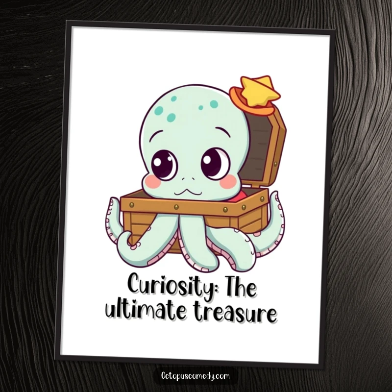 Funny Free Printable Wall Art: An octopus with large, curious eyes peeking into a treasure chest full of gold.