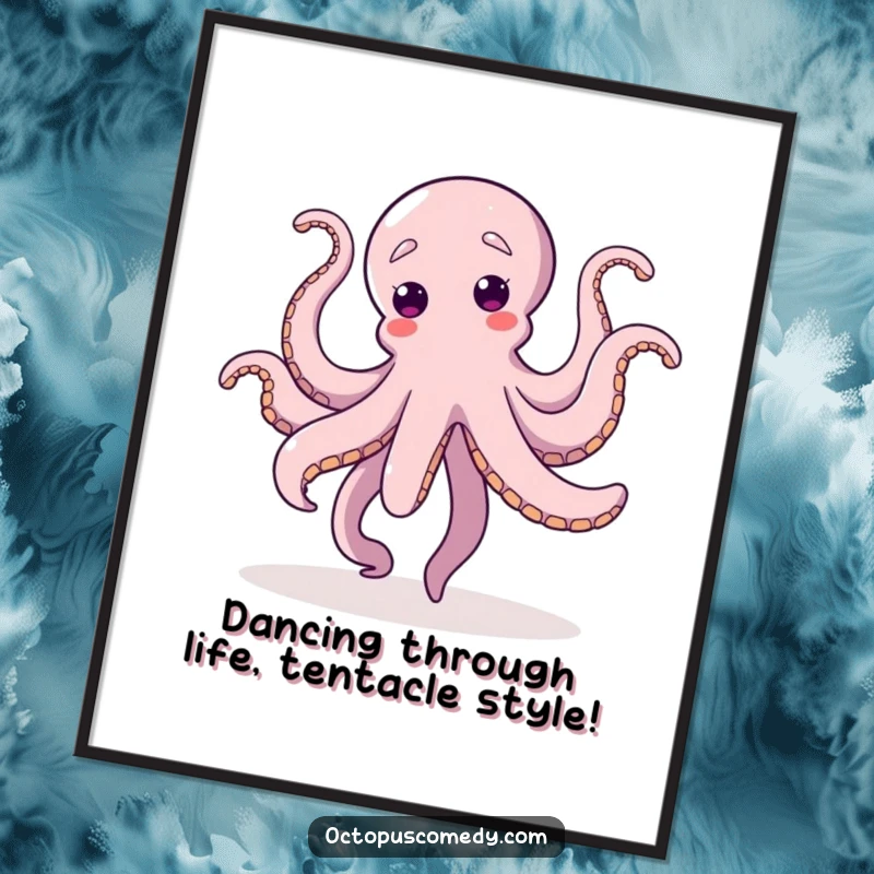 Funny Free Printable Wall Art: A cheerful octopus in mid-dance, tentacles spread high. A vibrant and downloadable piece.