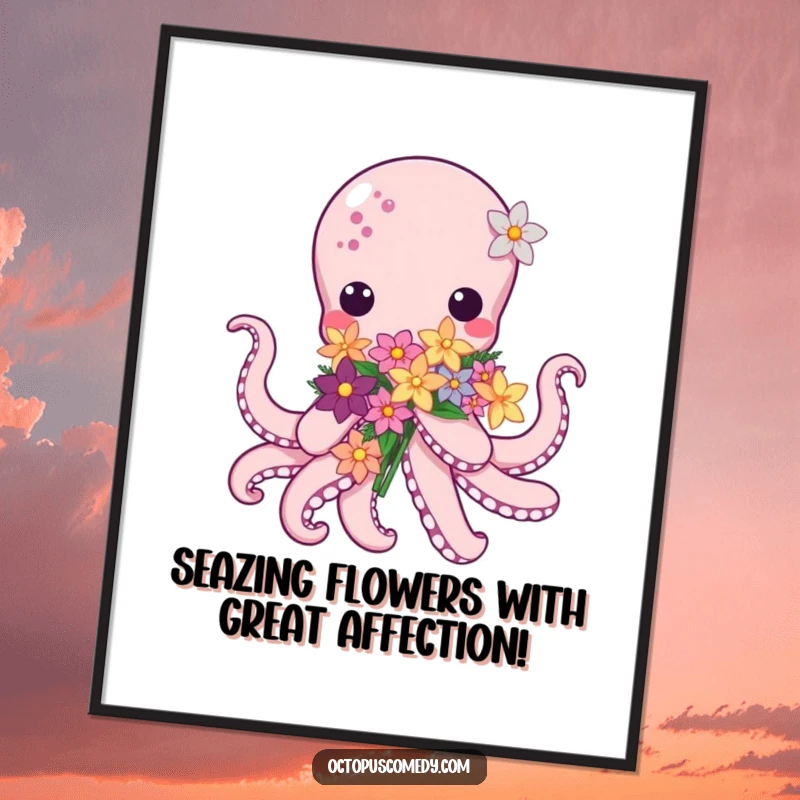 Funny Free Printable Wall Art: A very cute kawaii octopus presenting a beautiful bouquet of sea flowers. A downloadable.