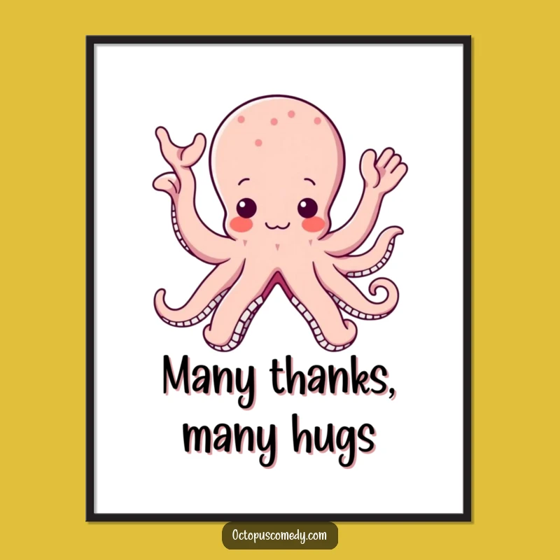 Funny Free Printable Wall Art: Kawaii Octopus Waving Arms, Cute Downloadable Decor