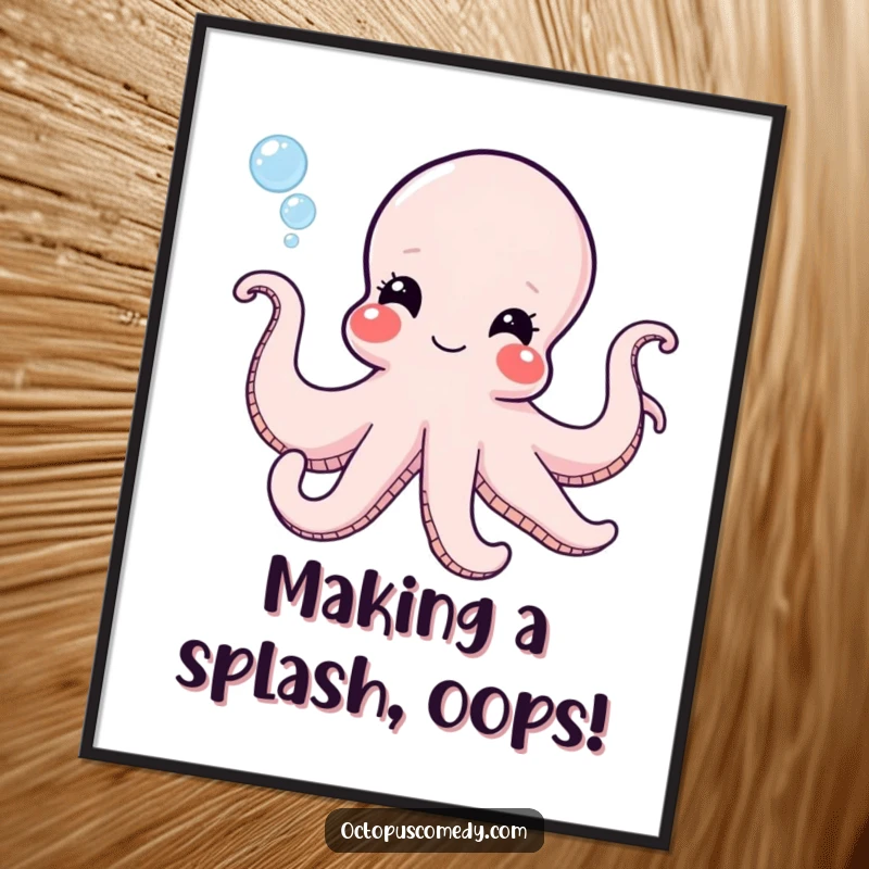 Funny Free Printable Wall Art: A mischievous Octopus with a wide grin is happily blowing a cascade of shimmering bubbles.