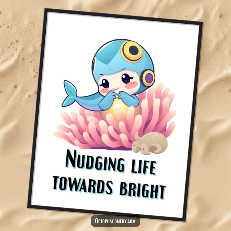 Funny Free Printable Wall Art: an ocean dweller playfully nudging a bright, glowing anemone, adding humor to walls.