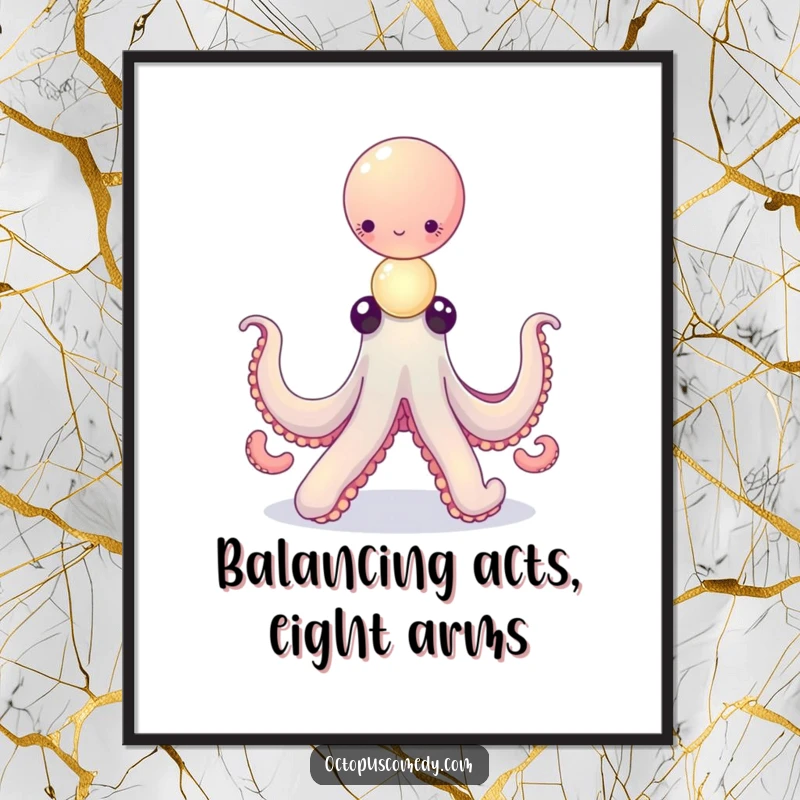 Funny Free Printable Wall Art: An octopus skillfully balances a precarious stack of tiny, softly glowing orbs.