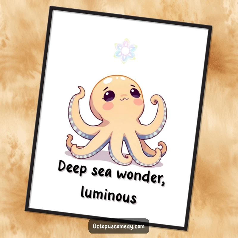 Funny Free Printable Wall Art: An octopus with wide eyes looks up in amazement at a brightly glowing bioluminescent bloom.