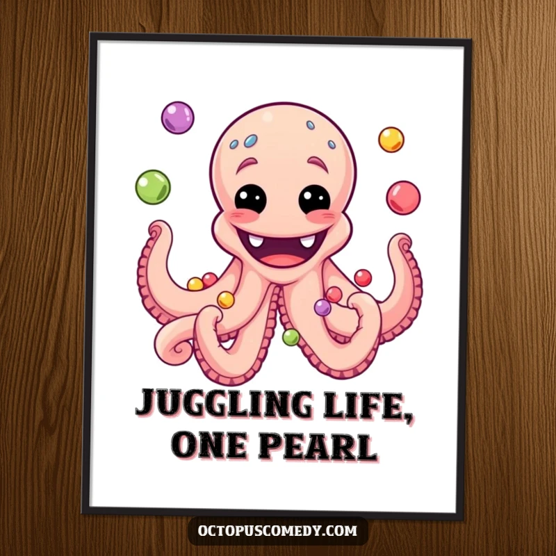 Funny Free Printable Wall Art: A Smiling Octopus with a Wide Grin skillfully juggling multiple colorful pearls.