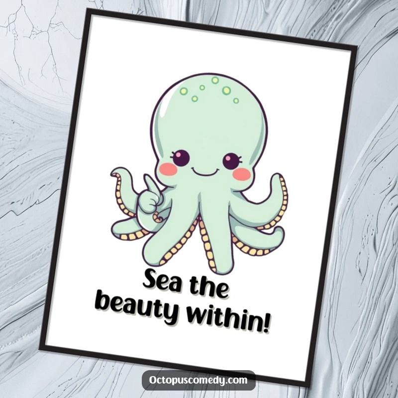Funny Free Printable Wall Art: A smiling Octopus with wide, curious eyes points directly at a single, glowing pearl.