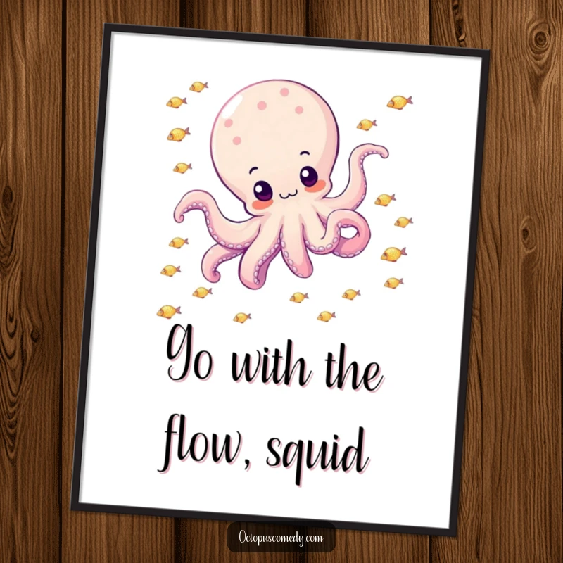 Funny Free Printable Wall Art: A happy octopus glides gracefully through a vibrant school of tiny, sparkling fish.