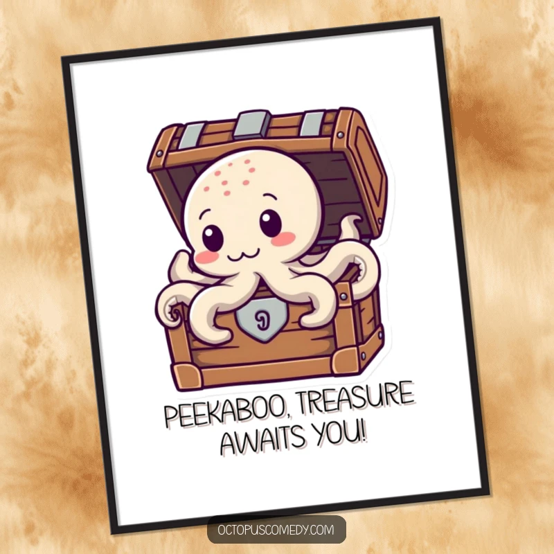 Funny Free Printable Wall Art: An octopus peeking from a treasure chest filled with gold coins. A downloadable art piece.