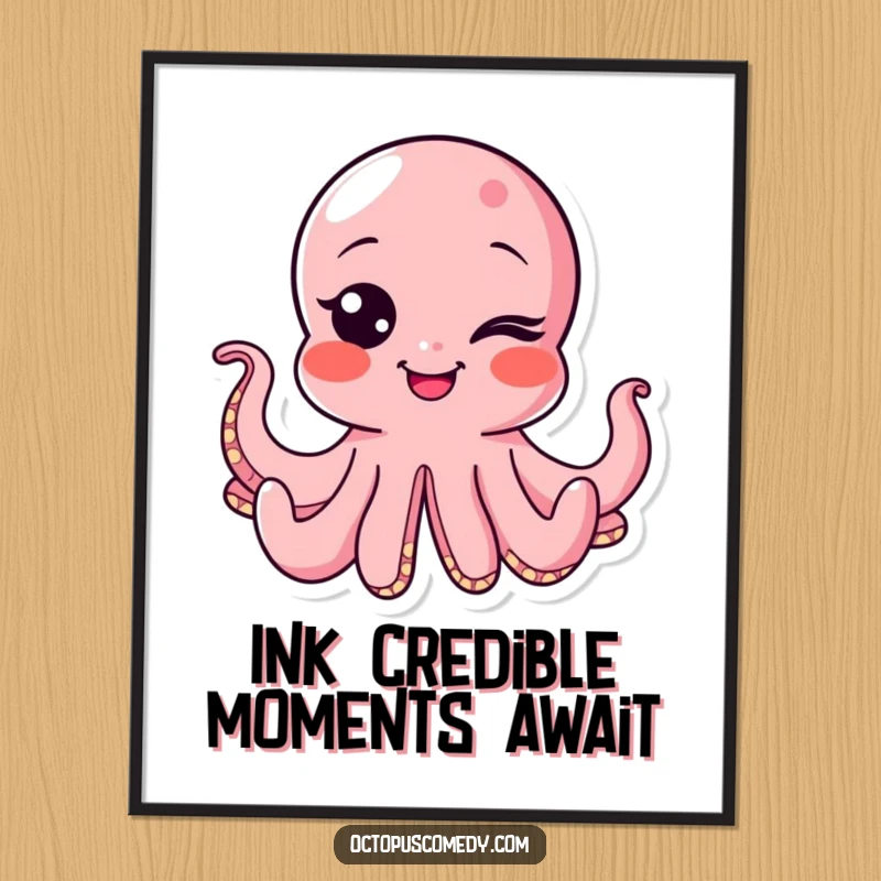 Funny Free Printable Wall Art featuring a cute octopus with a bubbly smile, delivering a charming and mischievous wink.
