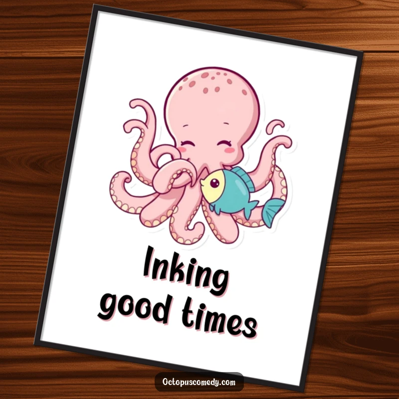 Funny Free Printable Wall Art: A joyful octopus uses a tentacle to playfully tickle a little fish.