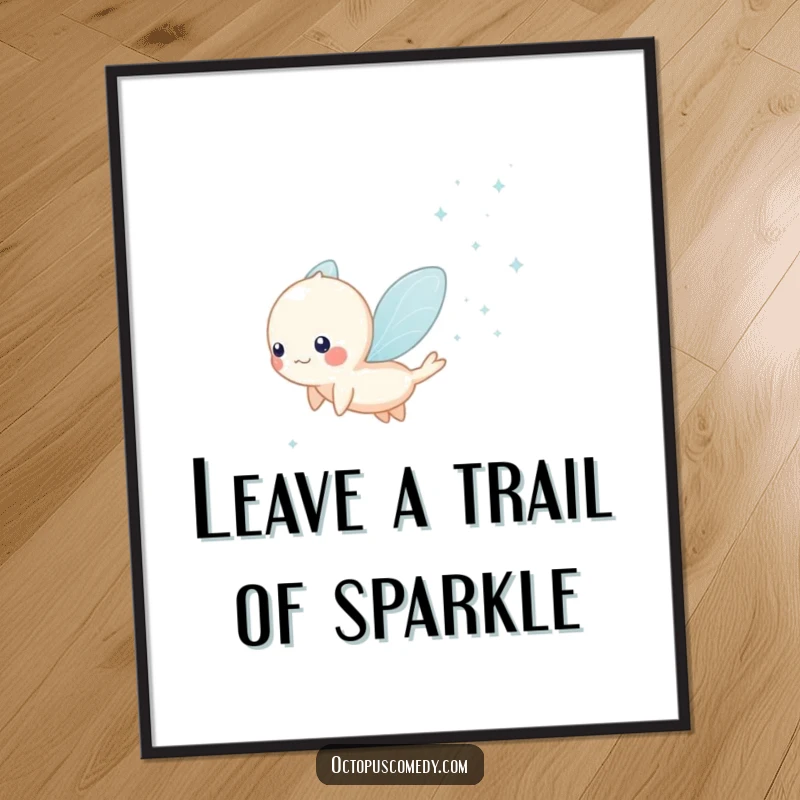 Funny Free Printable Wall Art: a small, ethereal creature trails sparkling water droplets, creating a magical and humorous effect.