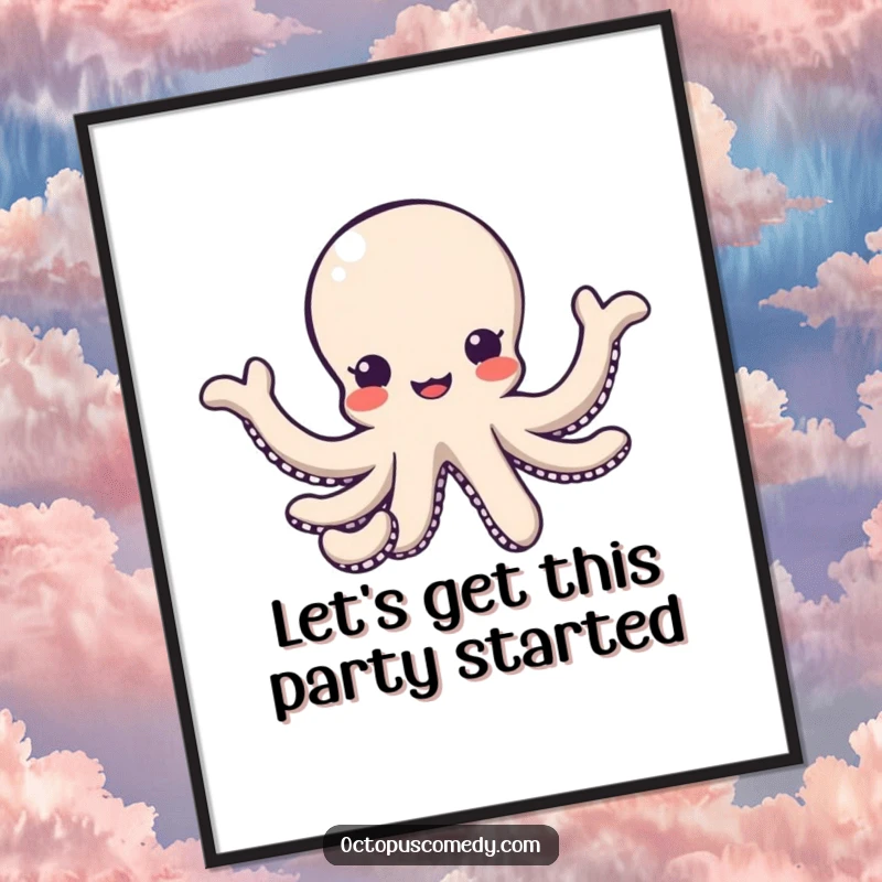 Free Printable Wall Art depicting a cute kawaii octopus with all its arms extended outwards in a universally friendly and inviting gesture.