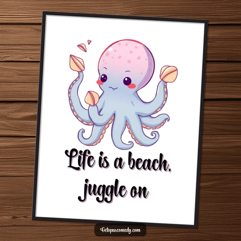 Funny free printable wall art of an octopus playfully juggling various seashells with its numerous suckers, a delightful scene.