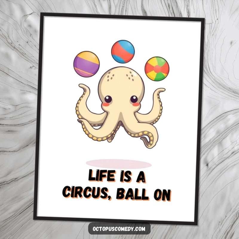 Funny Free Printable Wall Art: An octopus playfully juggles three colorful balls with its many arms, humorous downloadable decor.