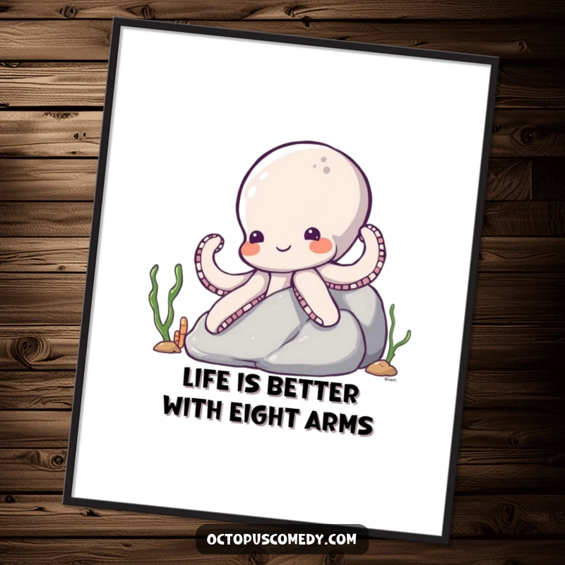 Funny Free Printable Wall Art: A bashful octopus with a shy smile slowly peeks out from behind a large, textured rock.