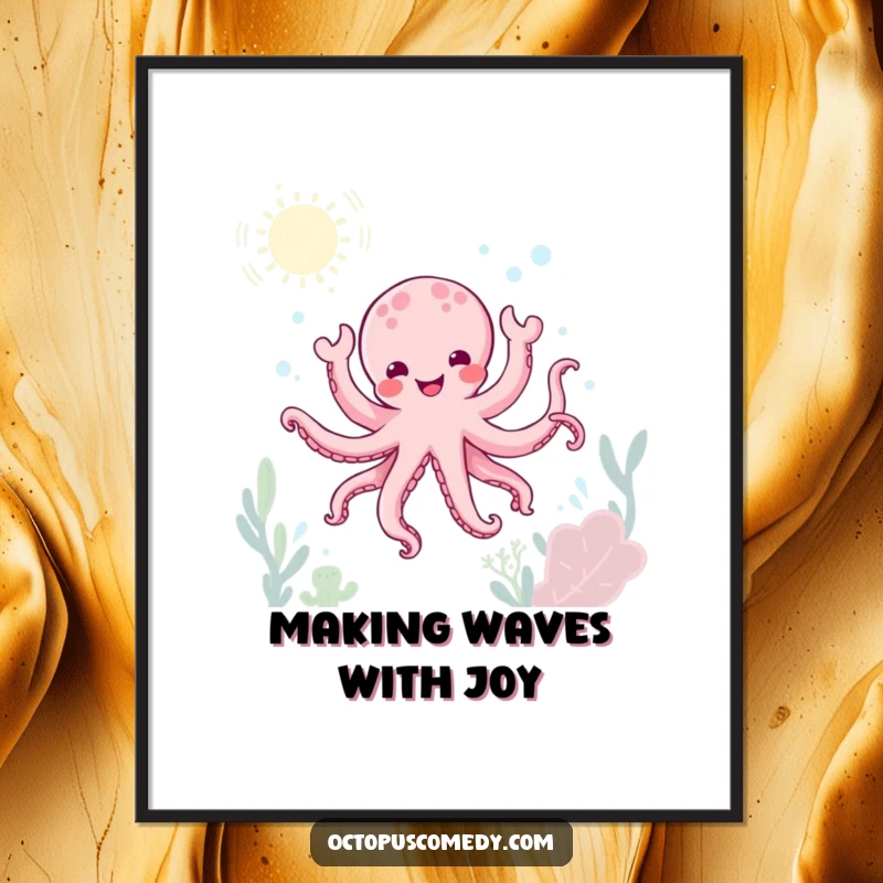 Free Printable Wall Art showcasing a cute kawaii octopus enthusiastically performing a joyful little dance in an underwater setting.